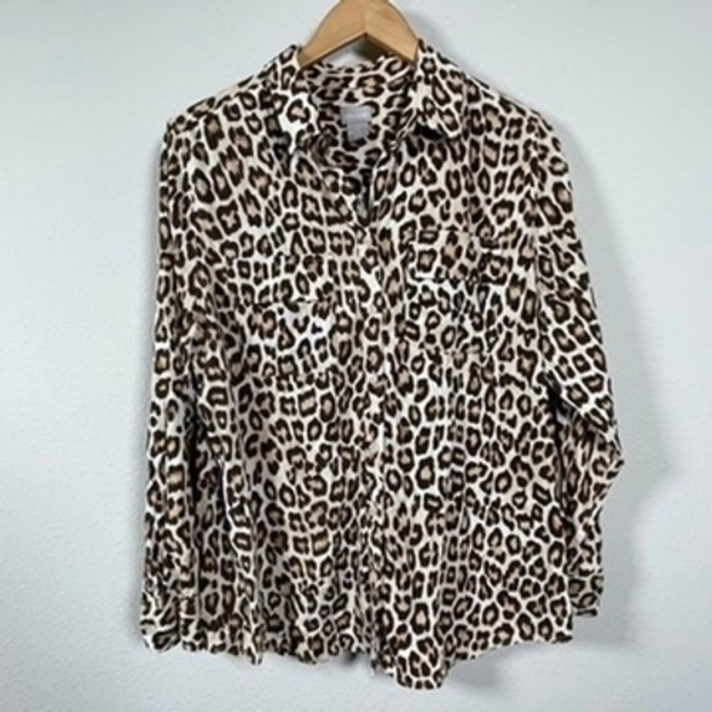 Chico's Leopard Print Button Up Shirt Women Size 2 12/14 Brown Mob Wife Animal